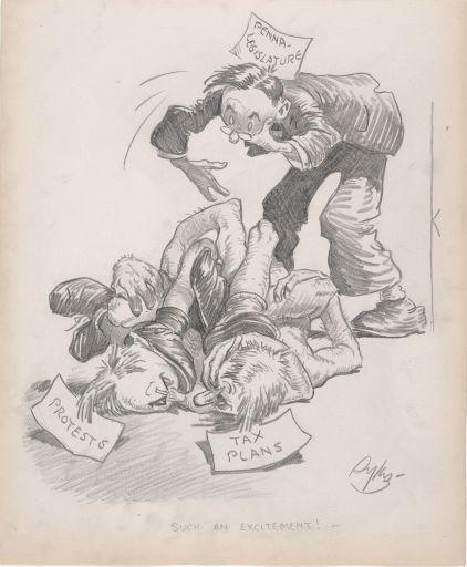 From our special collections, a political cartoon showing the timeless struggle with paperwork and taxation.